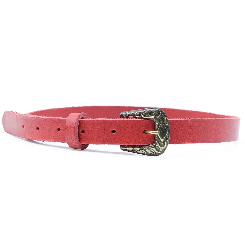 Full width view of Red belt with a gold buckle on a white background