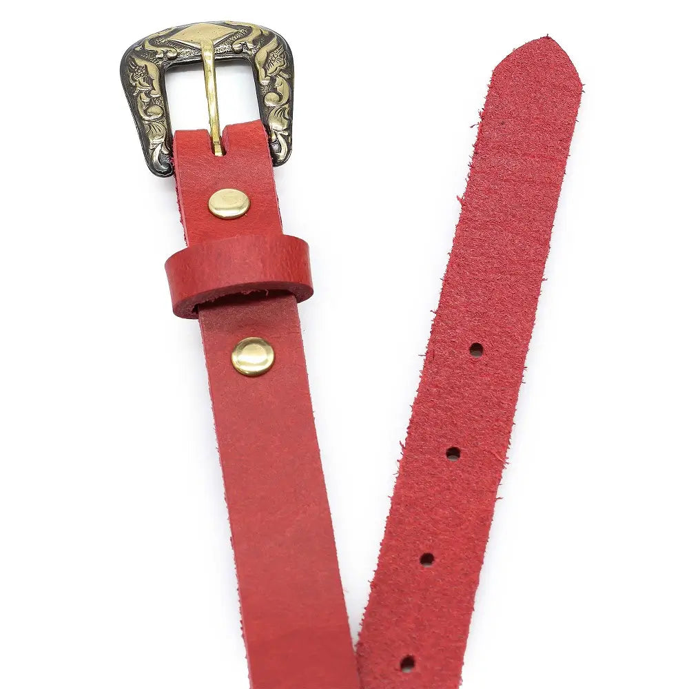 Top angle view of Red leather belt with gold buckle on a white background