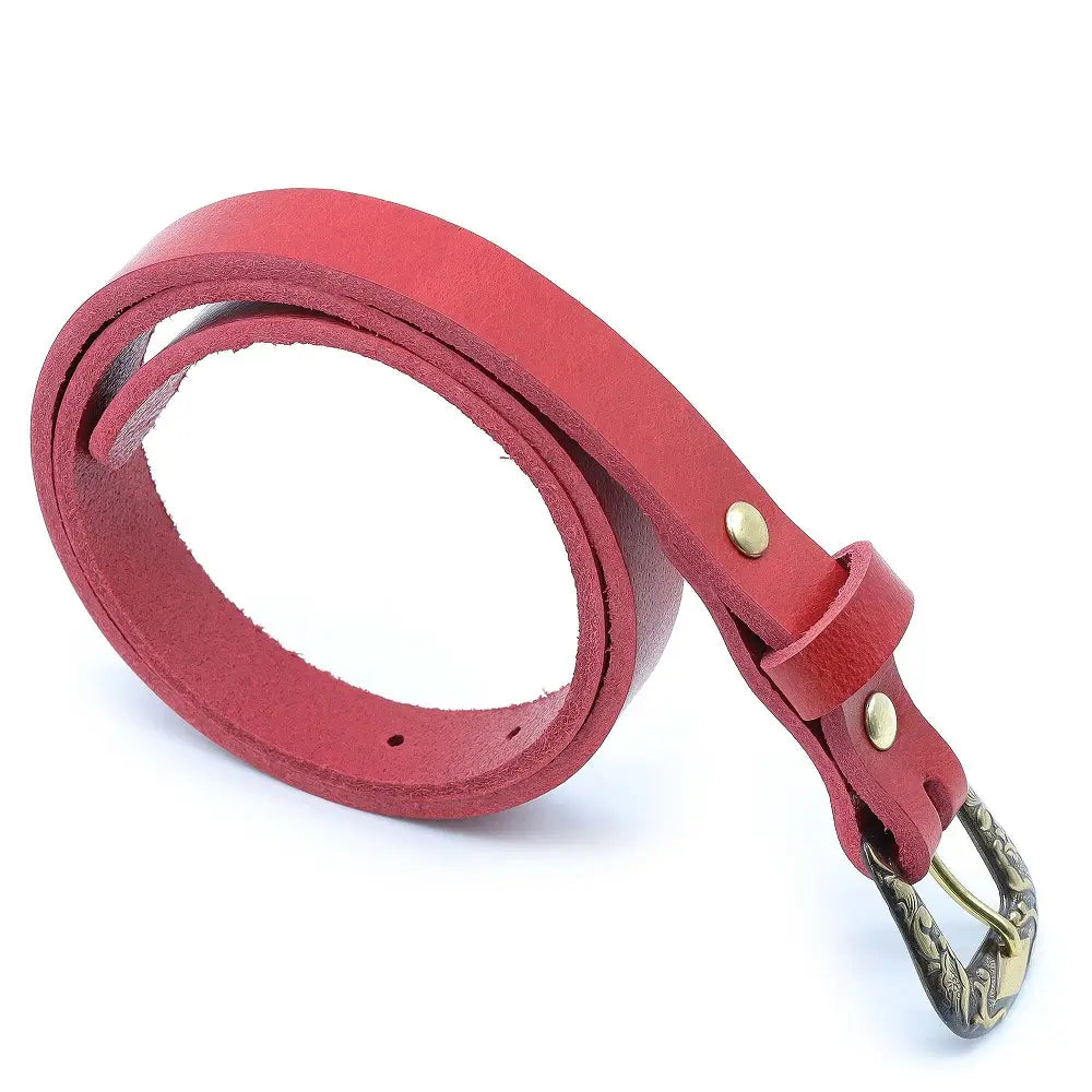 Red leather belt with gold buckle on a white background