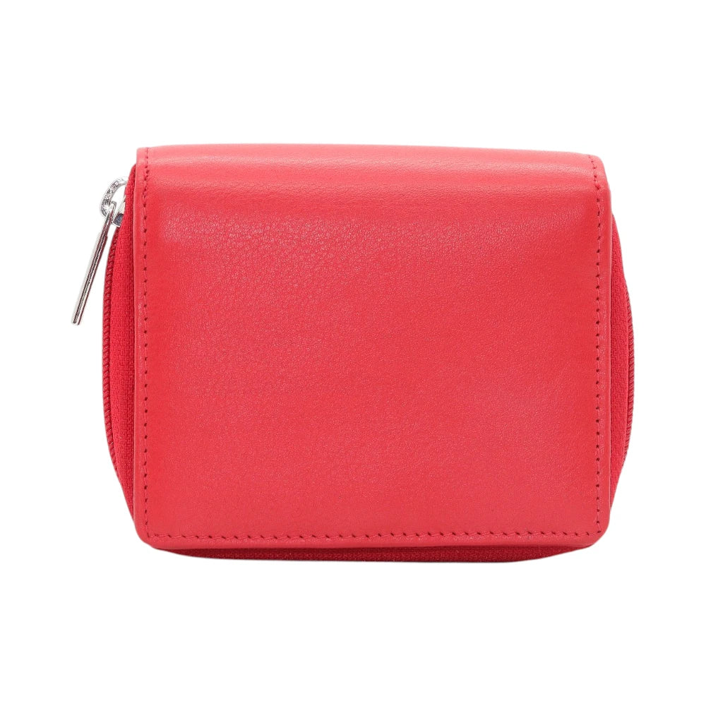 Front view of Red purse with a zipper on a white background
