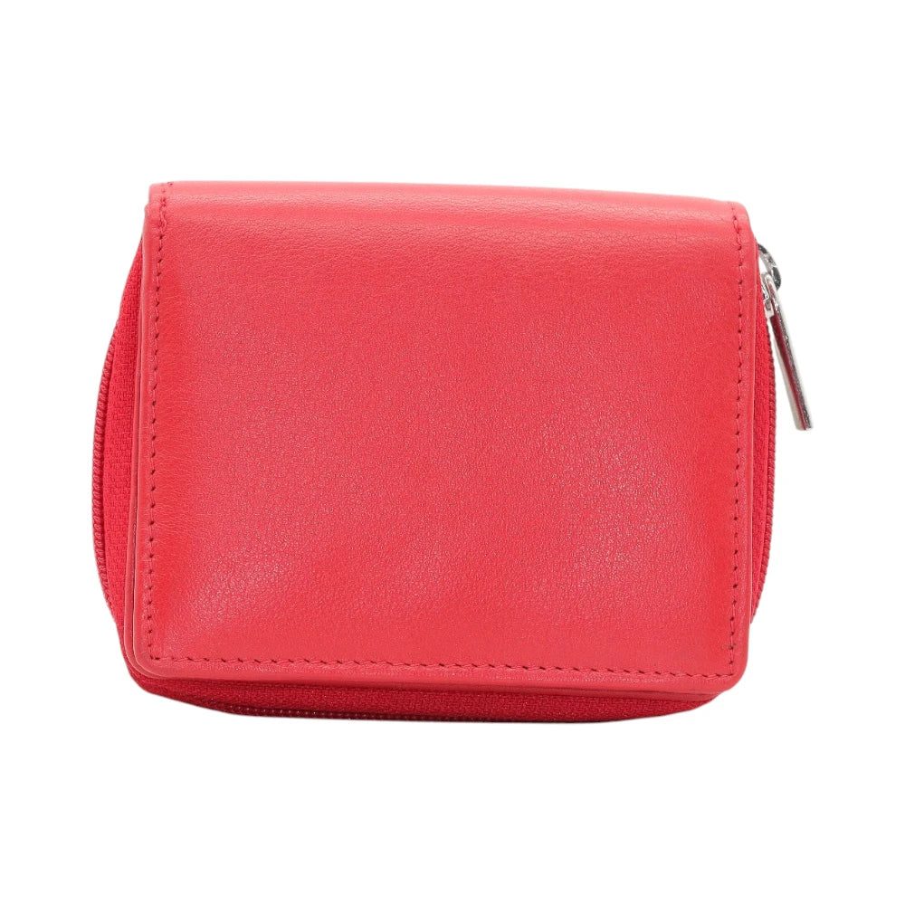 Red purse with a zipper on a white background