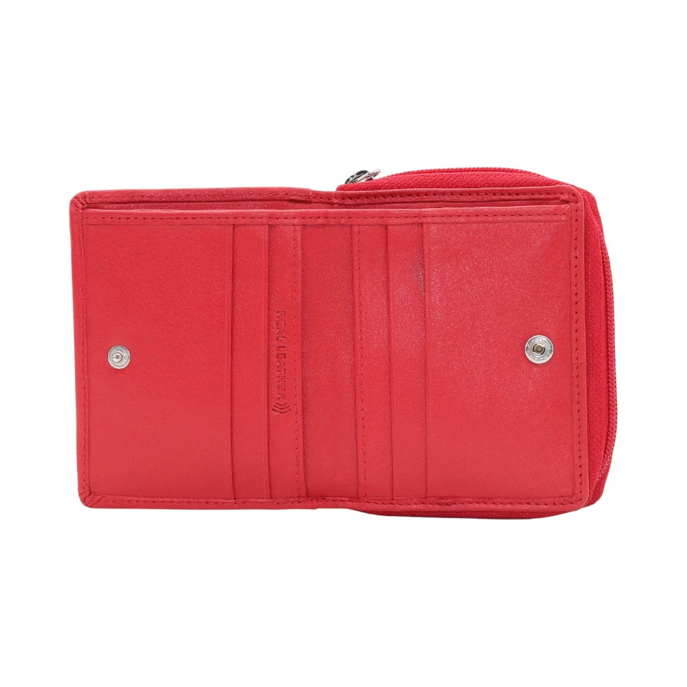 Red purse with metallic accents on a white background