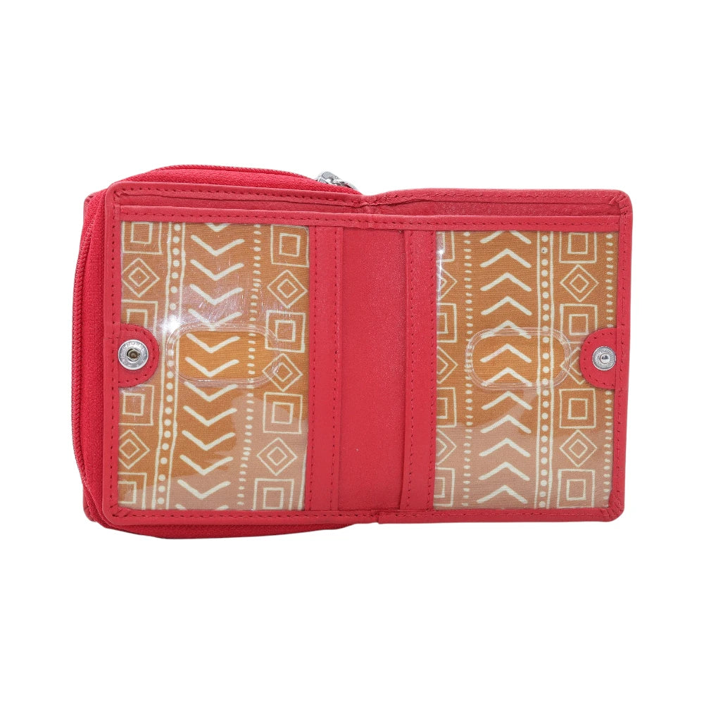 Red wallet with geometric pattern on a white background