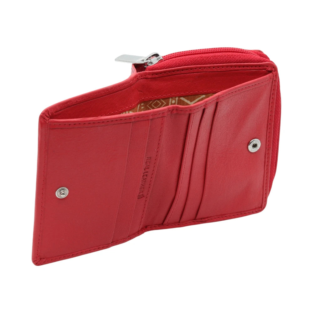 Red wallet with visible brand name on a white background