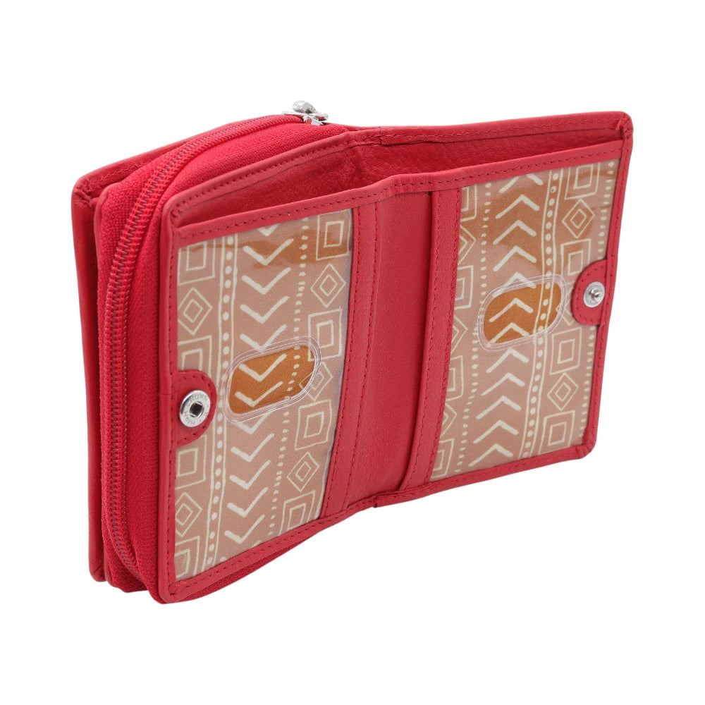 Red wallet with patterned interior on a white background