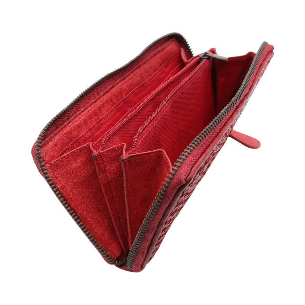 Red wallet with multiple compartments on a white background