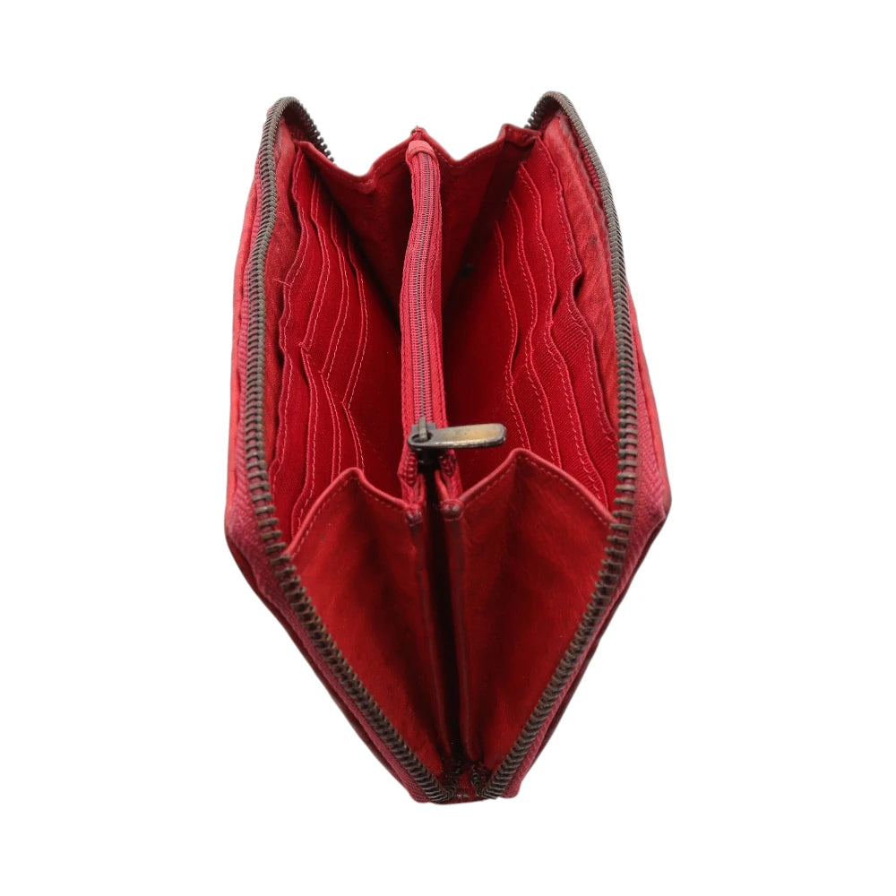 Red leather wallet with a zipper on a white background