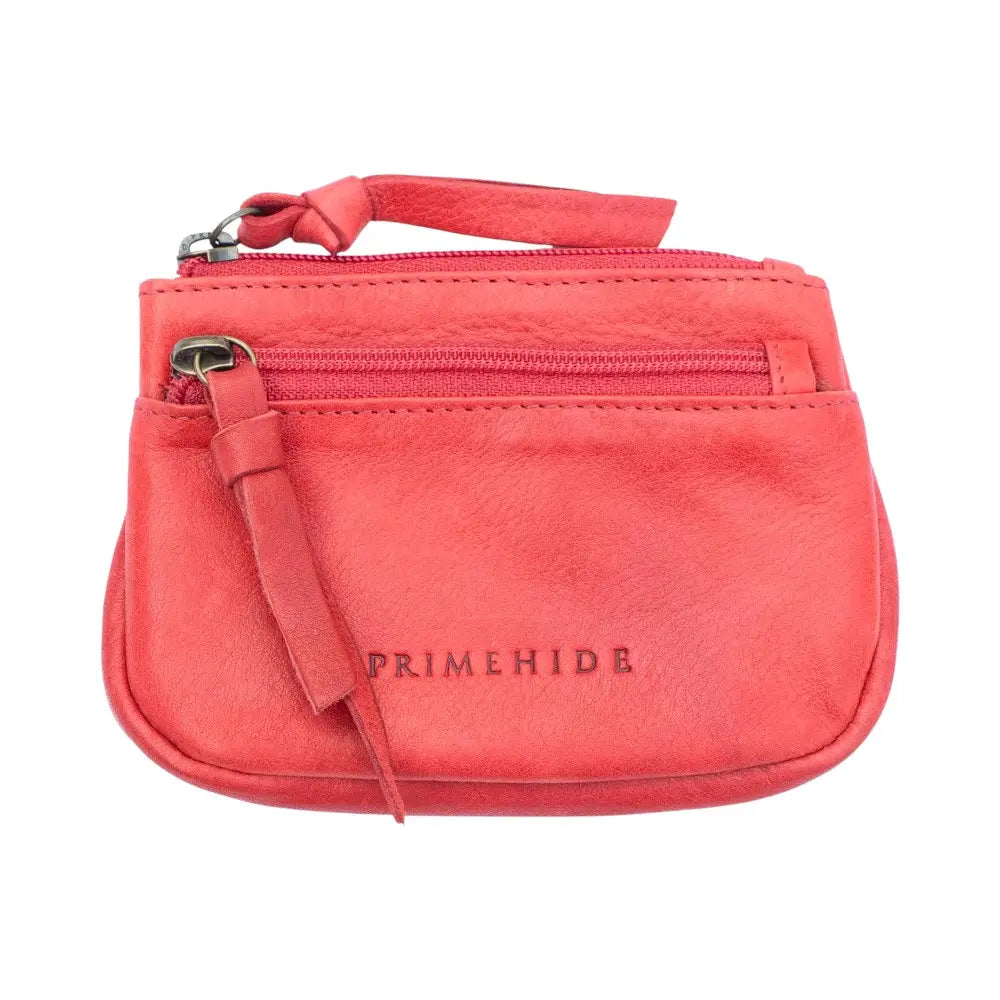 Red leather pouch with a strap on a white background, featuring the brand 'Primehide'.