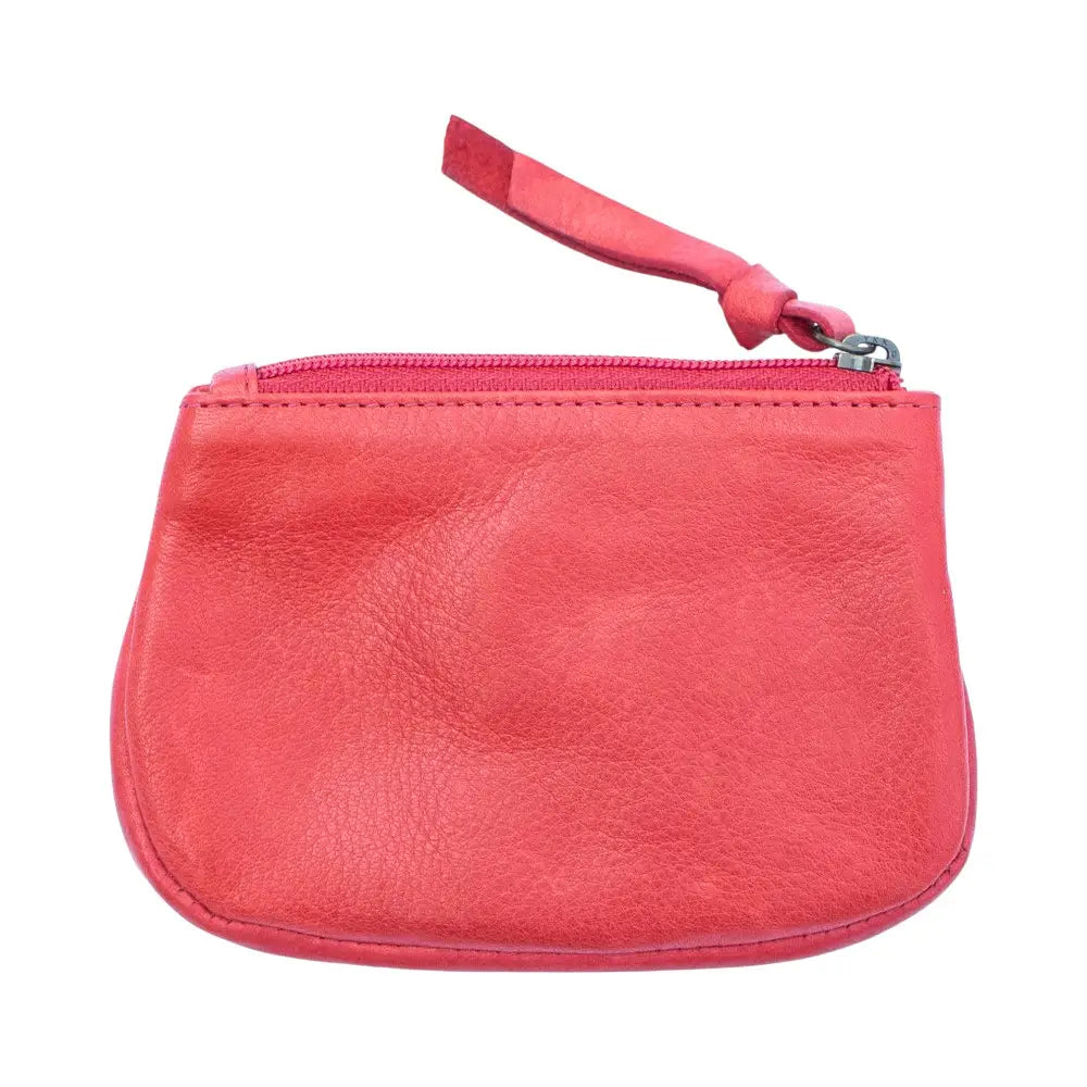 Back view of Red leather pouch with a strap on a white background