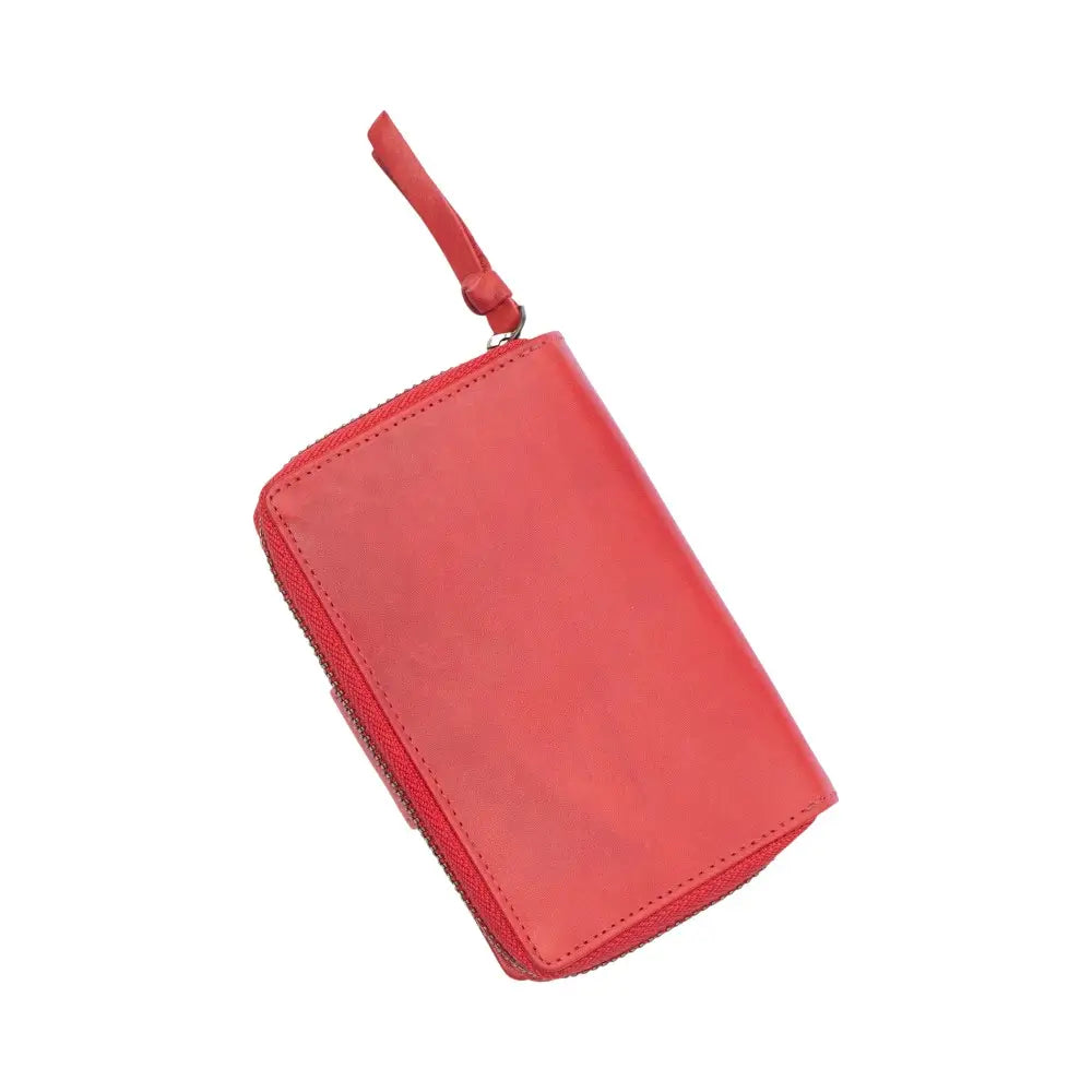 Red wallet with a strap on a white background