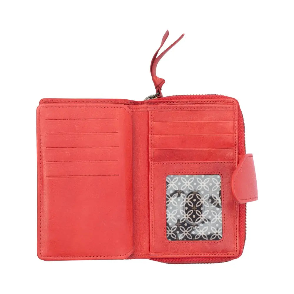 Open view of Red wallet with card slots and a patterned pocket on a white background