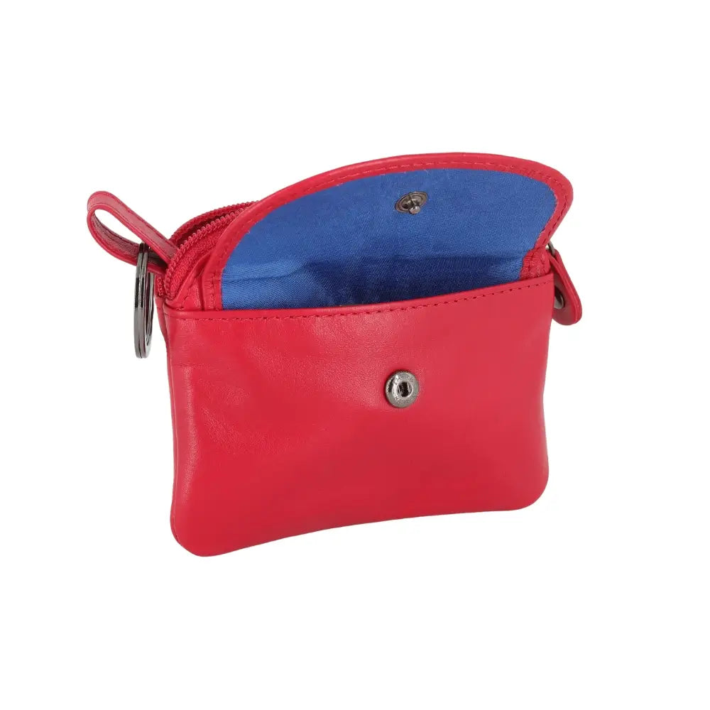 Red leather pouch with blue interior on a white background
