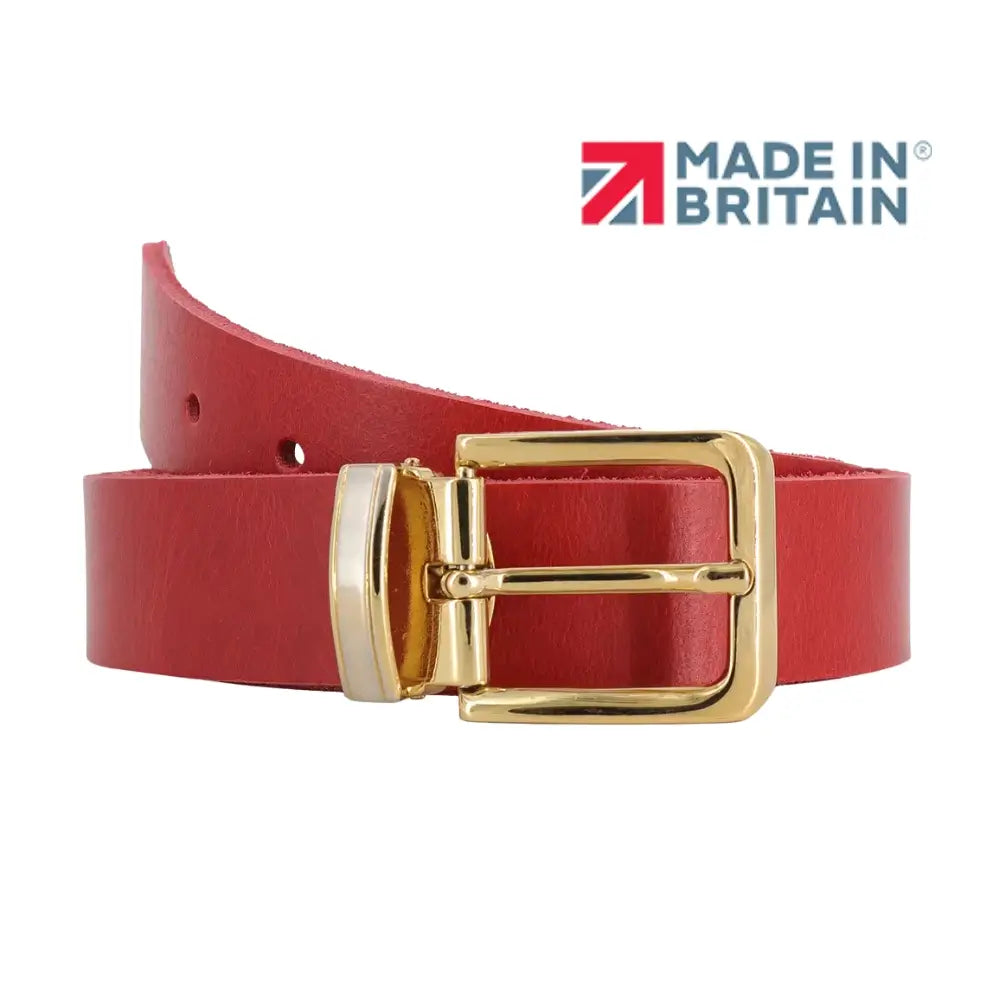 Red leather belt with a gold buckle on a white background, featuring 'Made in Britain' logo.