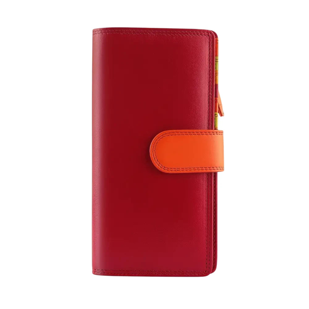 Front view of Red purse with an orange strap on a white background