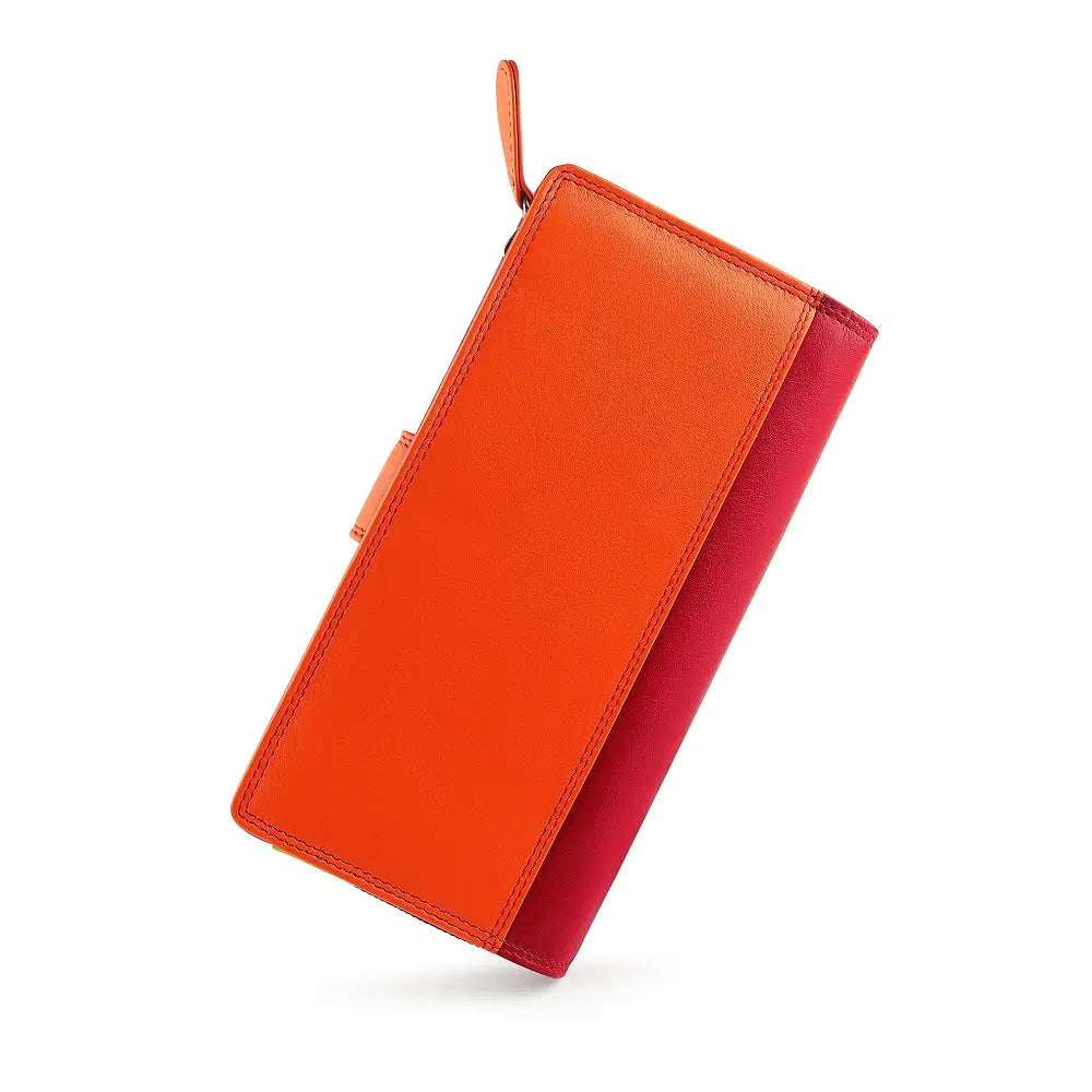 Back view of  Two-tone red and orange wallet on a white background