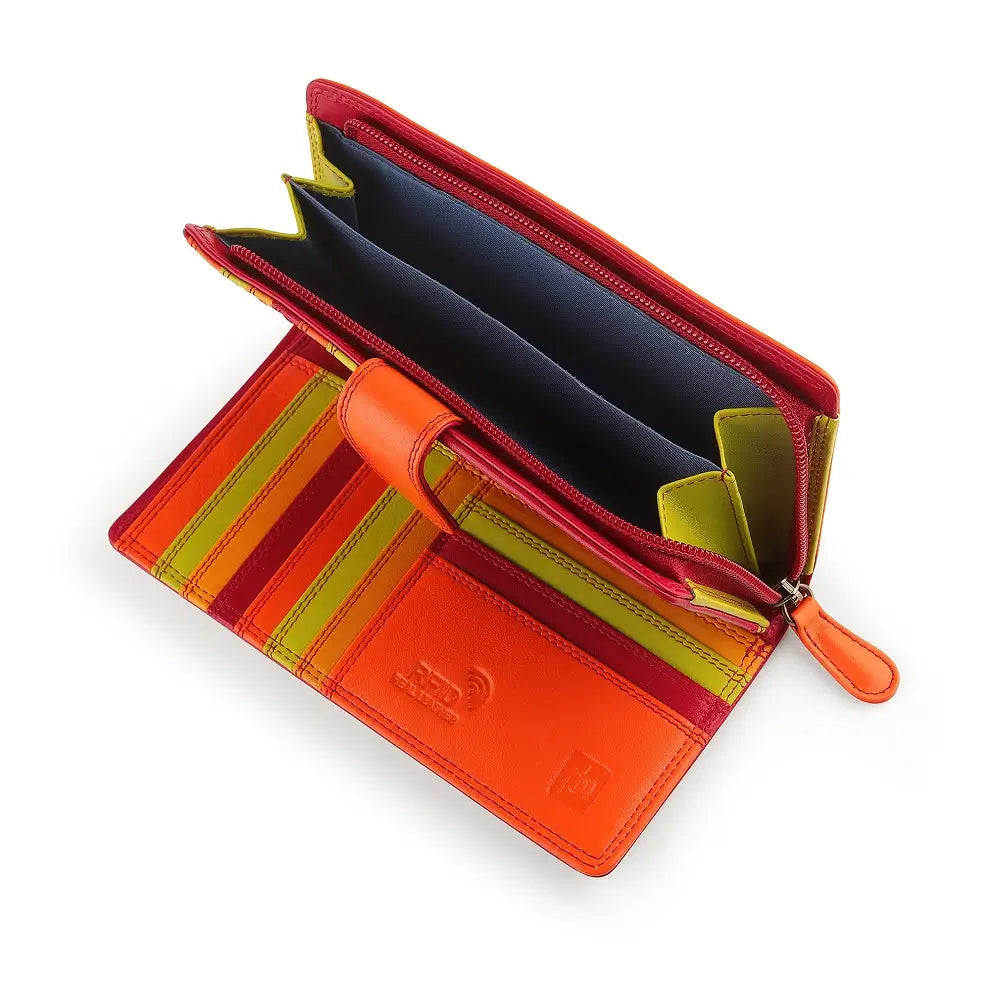 Red wallet with orange, red, and yellow stripes on a white background