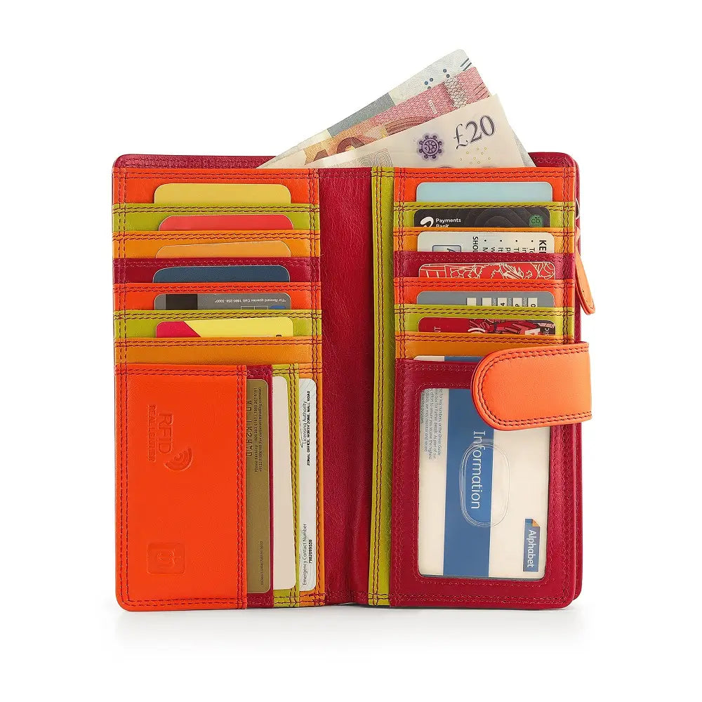 Red wallet with various cards and money on a white background