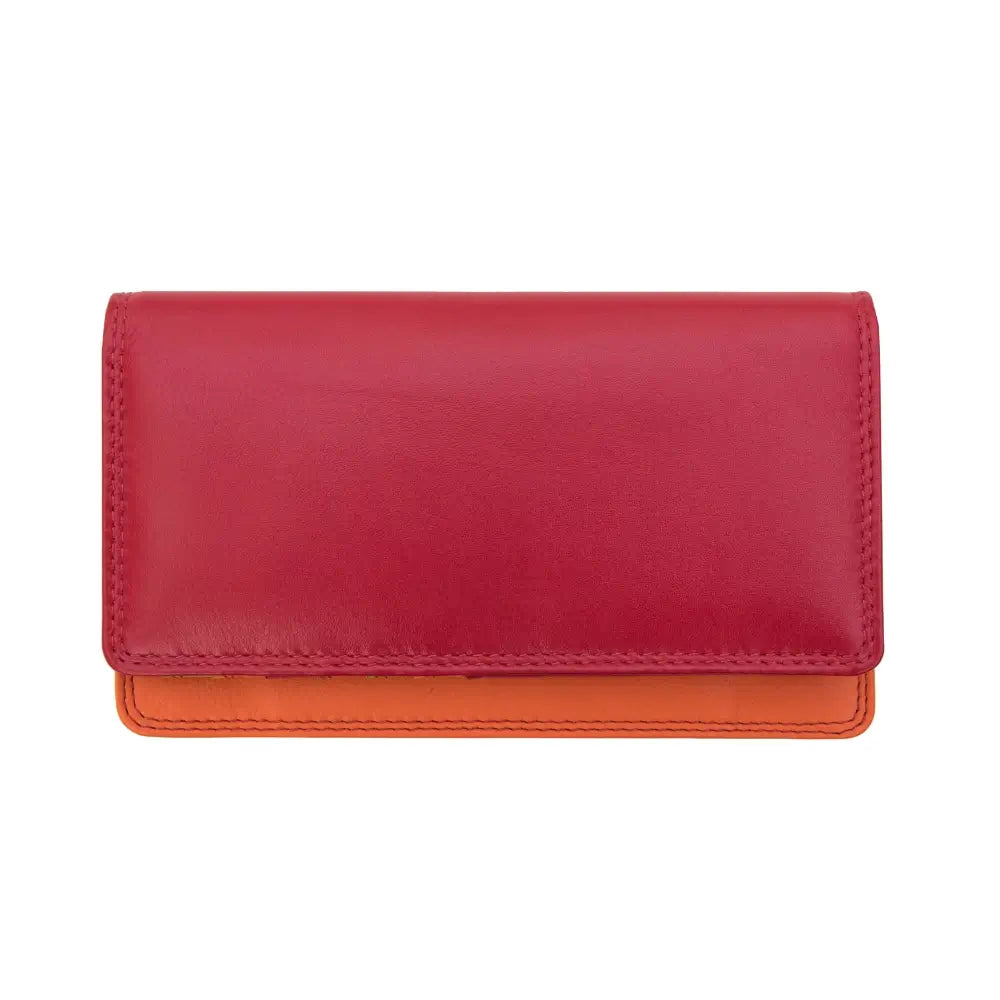 Front view of   Red wallet with orange bottom section on a white background