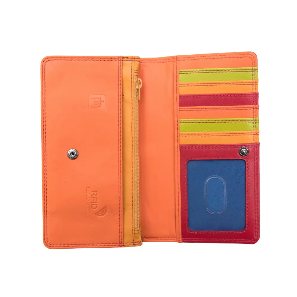 Open view of   Red wallet with orange bottom section on a white background