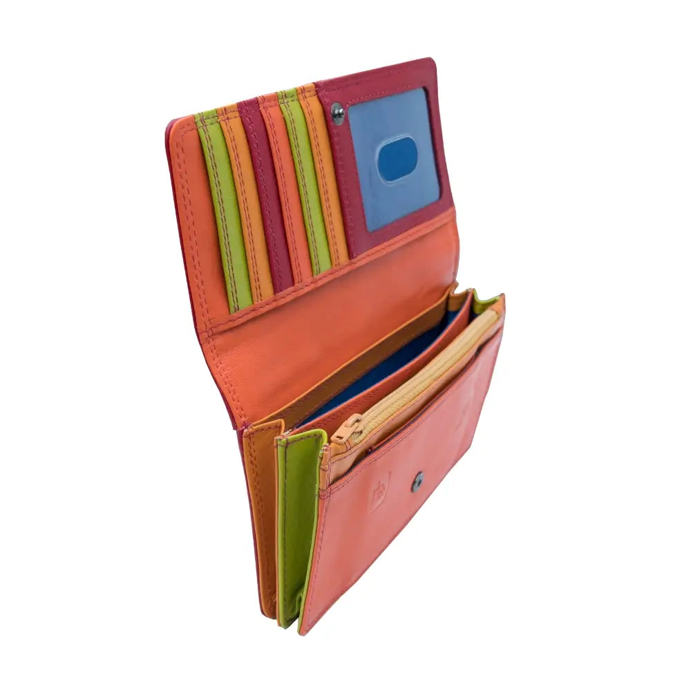 Inside view of   Red wallet with orange bottom section on a white background