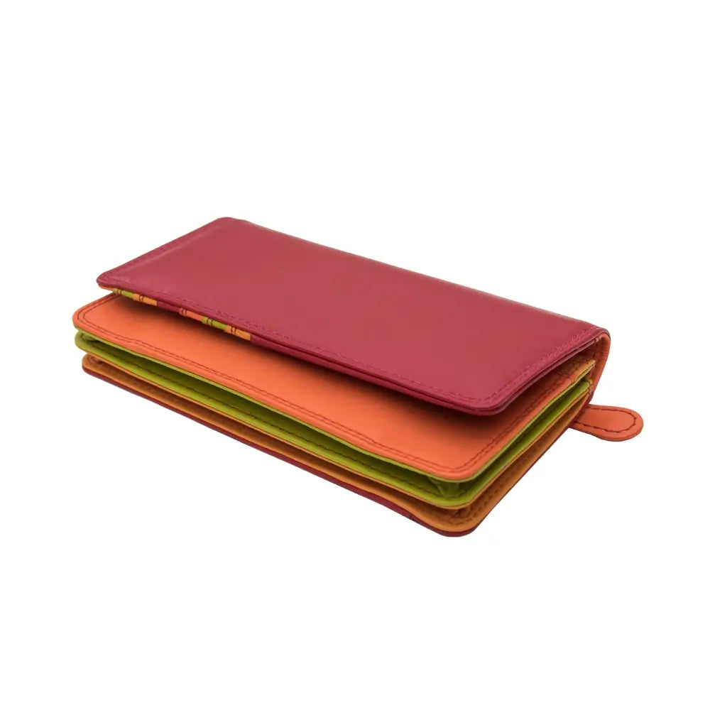 Top view of   Red wallet with orange bottom section on a white background