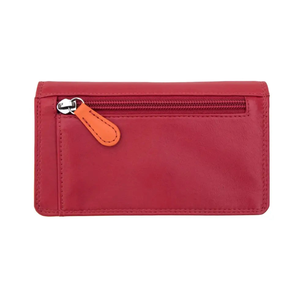 Back view of   Red wallet with orange bottom section on a white background