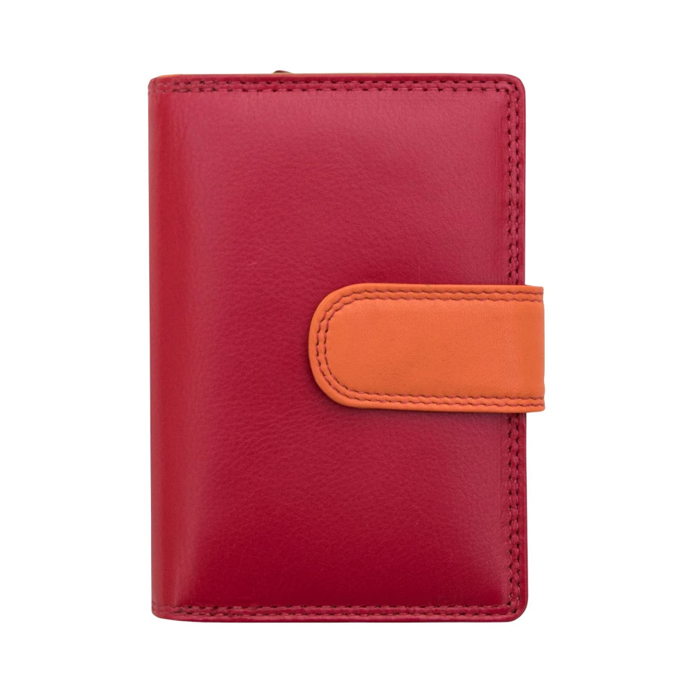 Front view of Red wallet with an orange strap on a white background