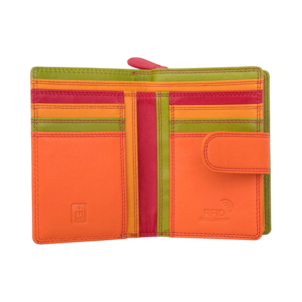 Red wallet with green, orange, and red sections on a white background