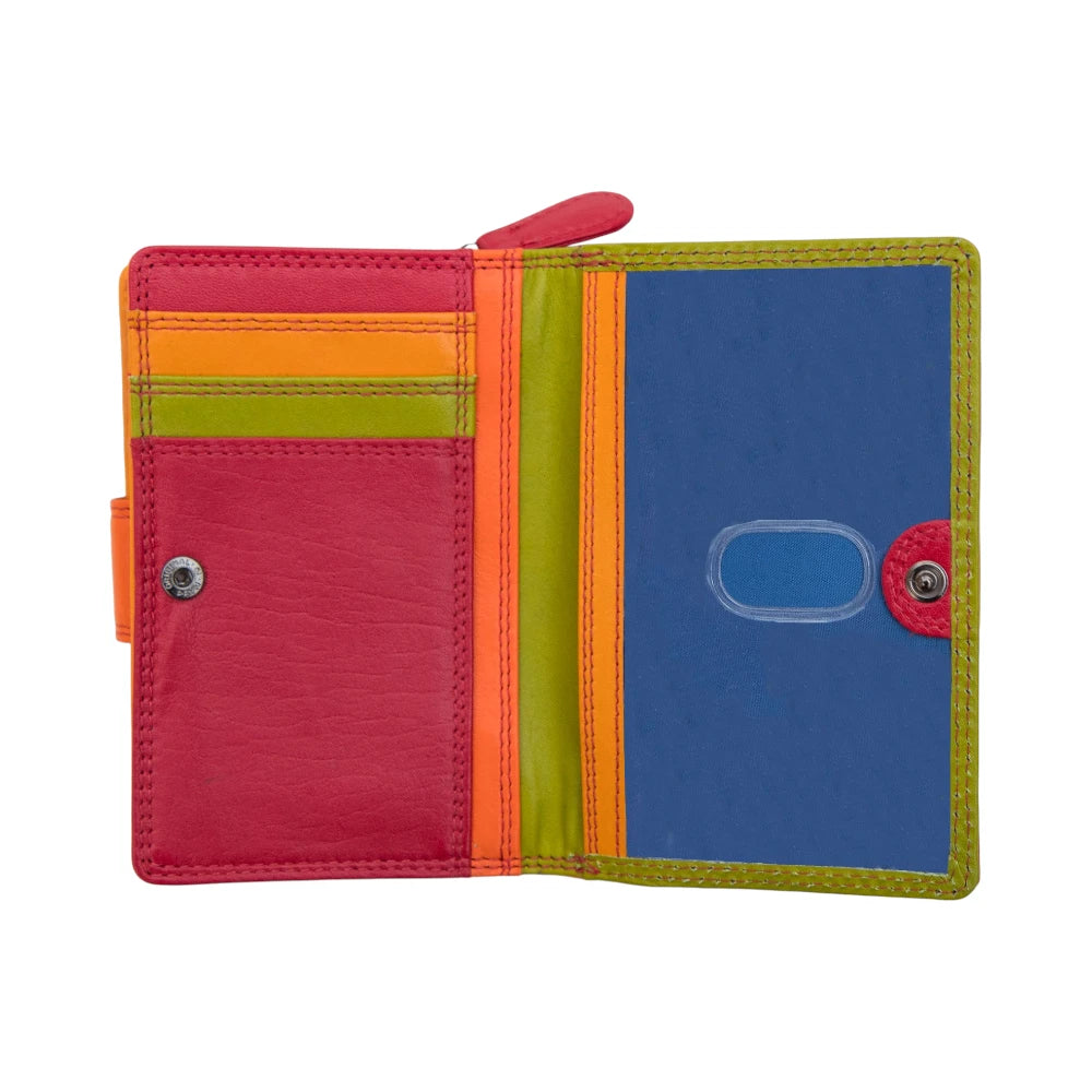 Red wallet with red, orange, green, and blue sections on a white background
