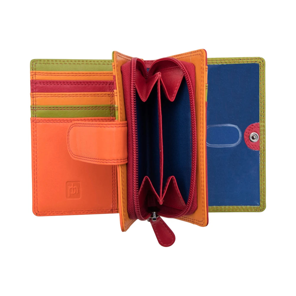 Red wallet with orange, red, and green sections on a white background