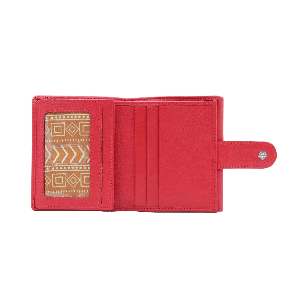 Open view of Red purse with a textured interior on a white background