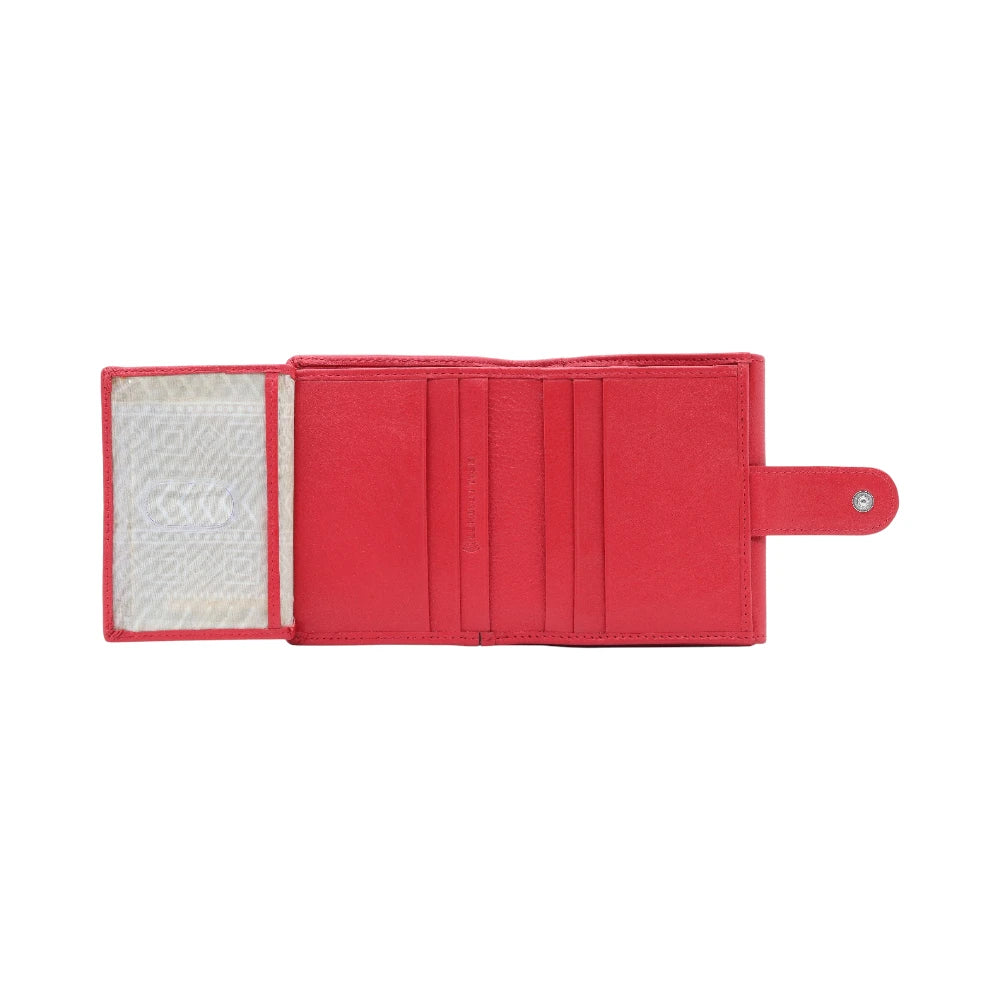 Red purse with a textured interior on a white background