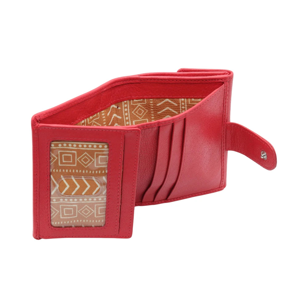 Inside view of Red purse with a textured interior on a white background