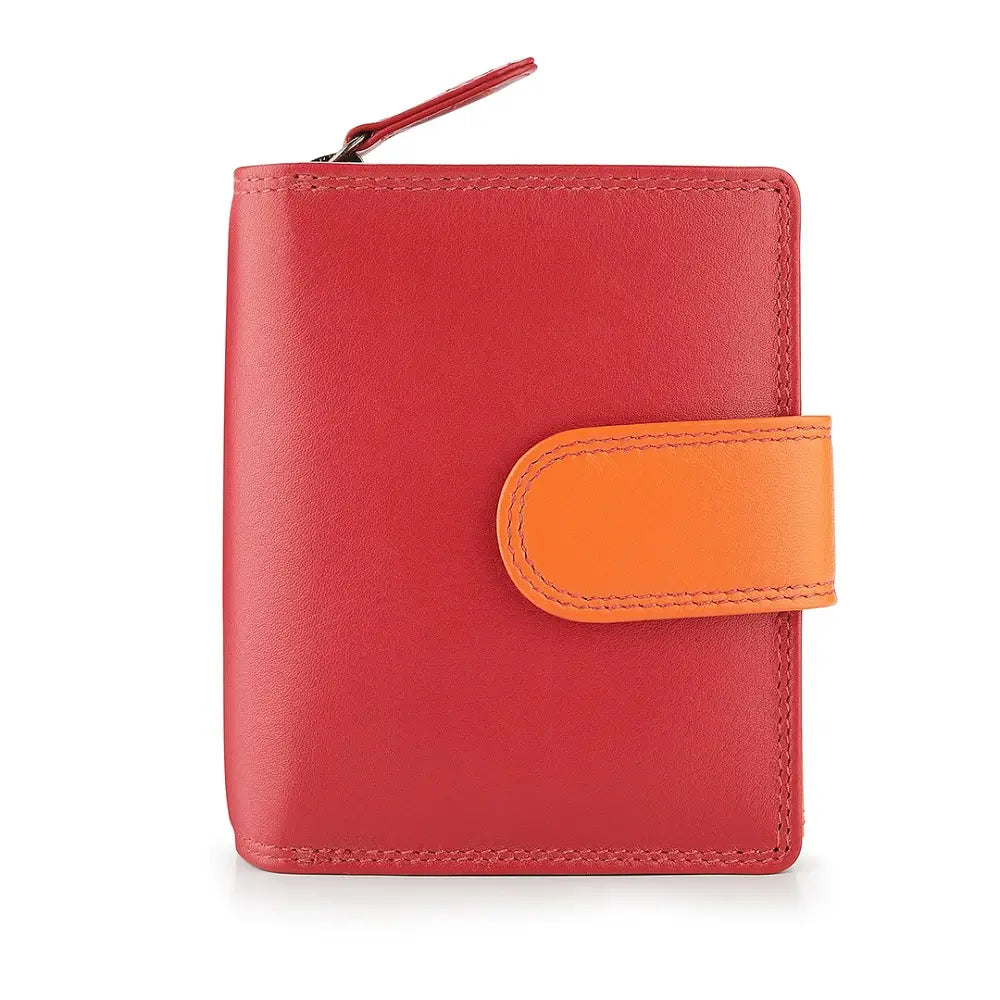 Red wallet with an orange strap on a white background