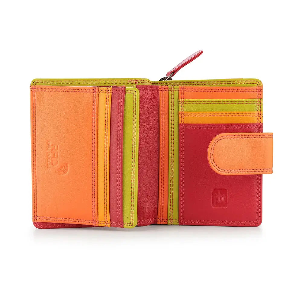 Red wallet with a visible brand logo on a white background