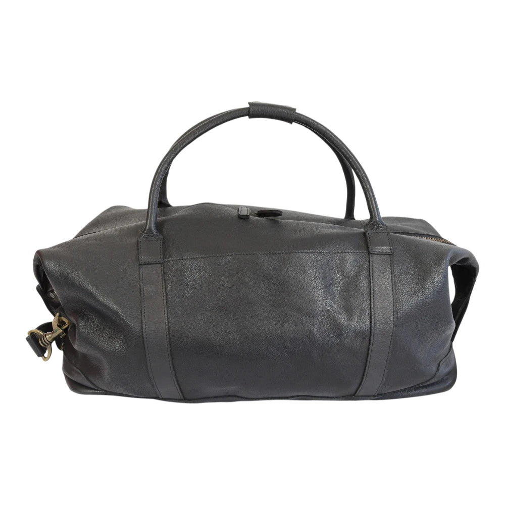 Black leather holdall  bag with a strap on a white background