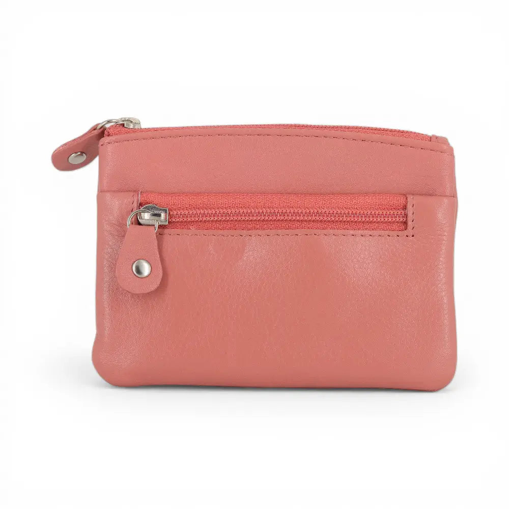 Rose leather wallet with a zipper on a white background