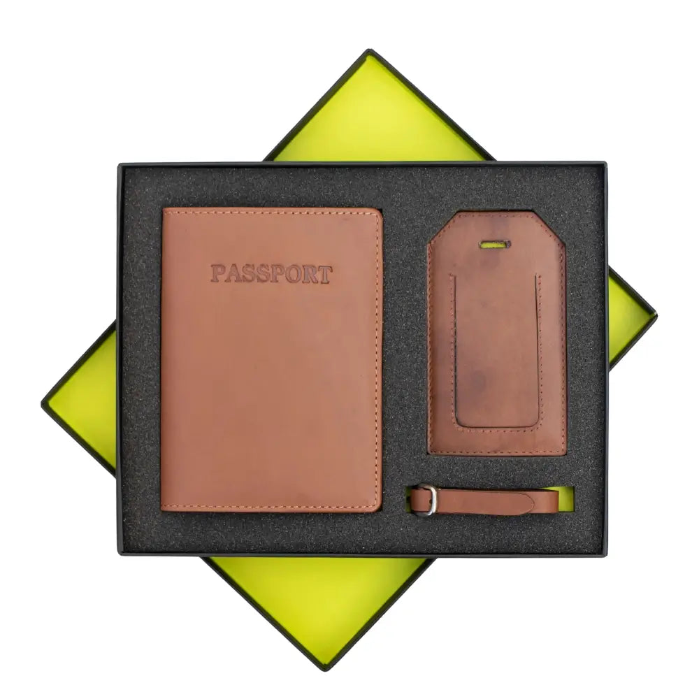 Passport holder and luggage tag set on a black tray with a green geometric background