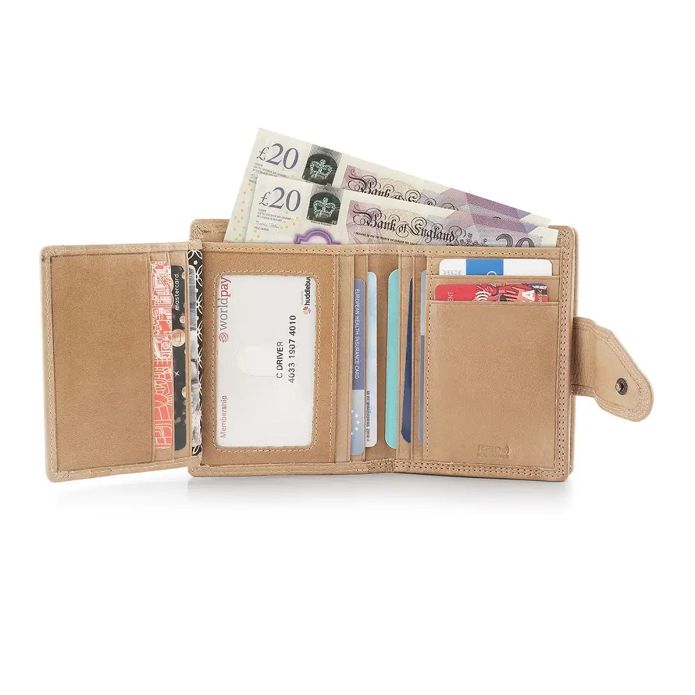 Inside view of sand  wallet with cards and money on a white background