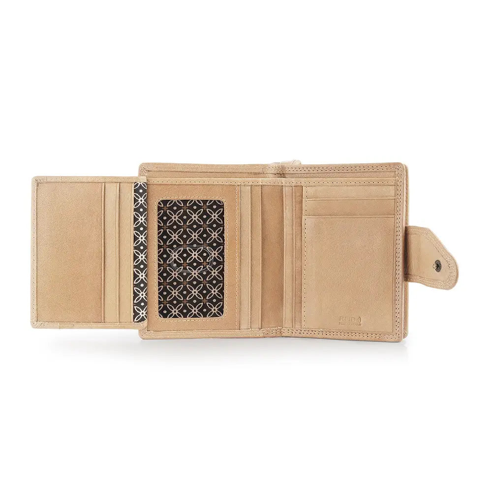 Open view of sand wallet with patterned card holder on a white background