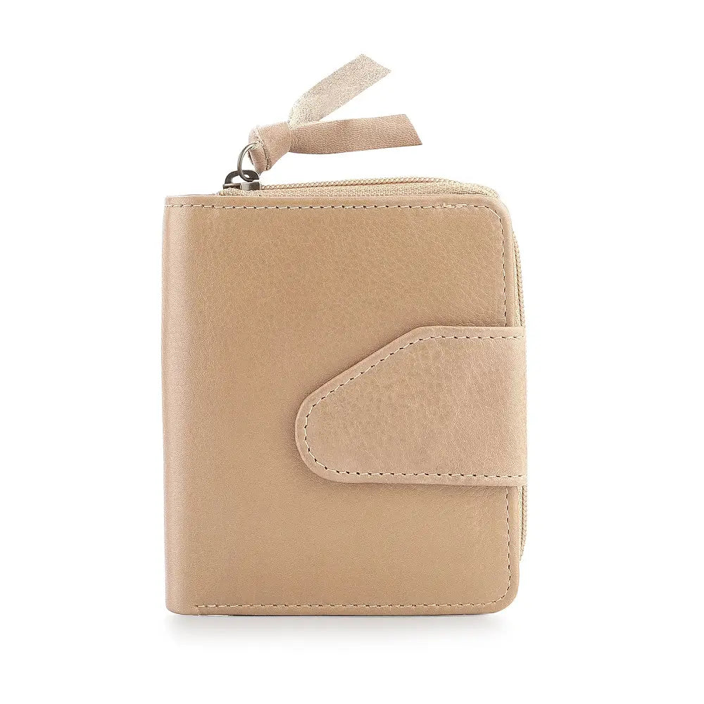 Front view of sand wallet with a flap and zipper on a white background