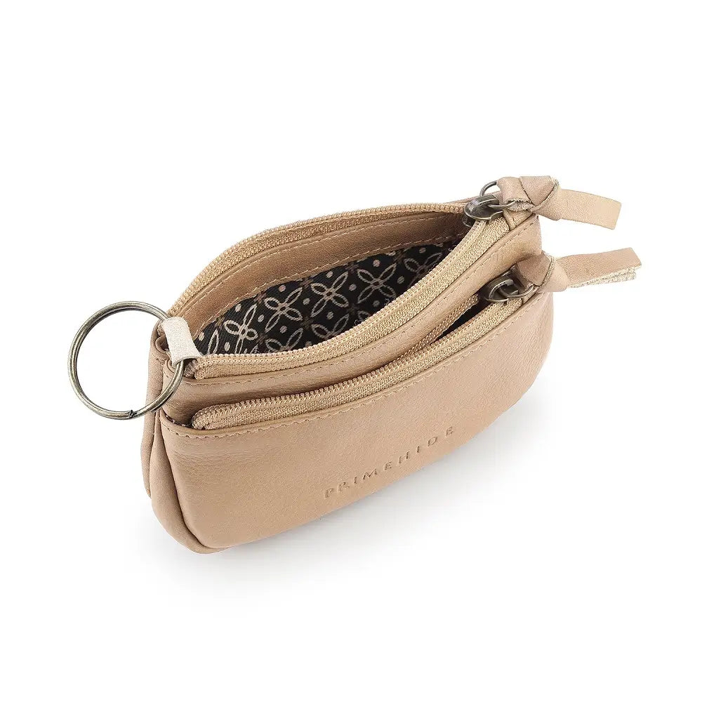 Sand  leather pouch with zipper and key ring on a white background