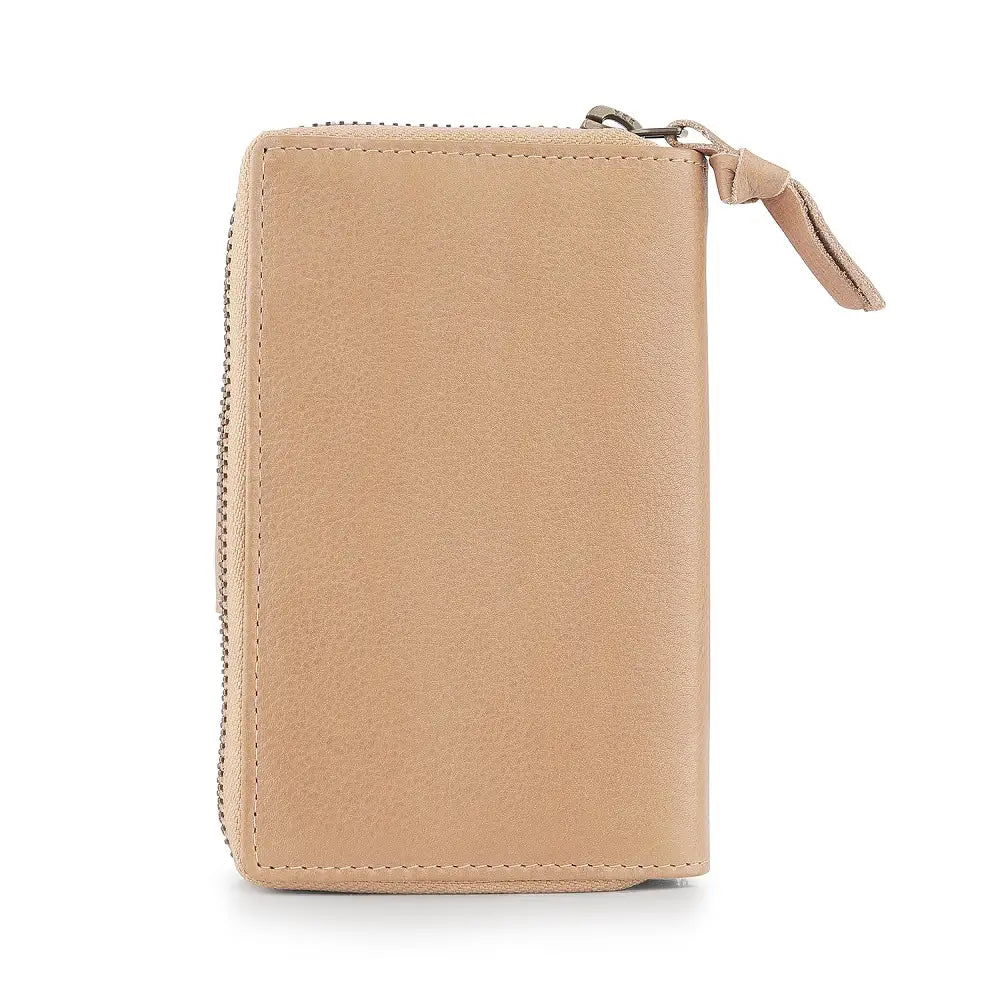 Back view of sand wallet with a zipper on a white background