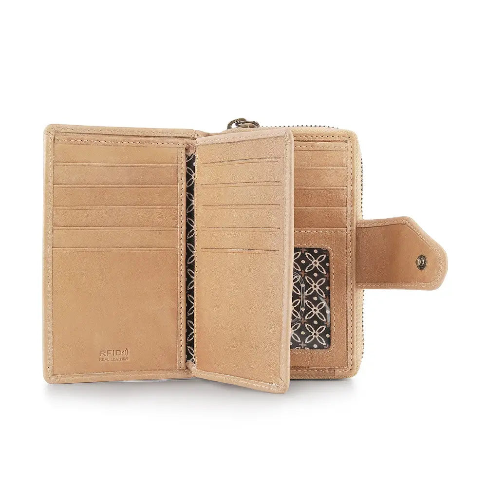 Open sand leather wallet with card slots on a white background