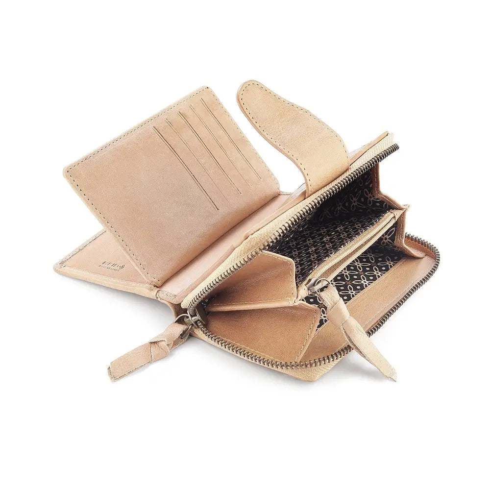 Open view of sand leather wallet with a zipper on a white background
