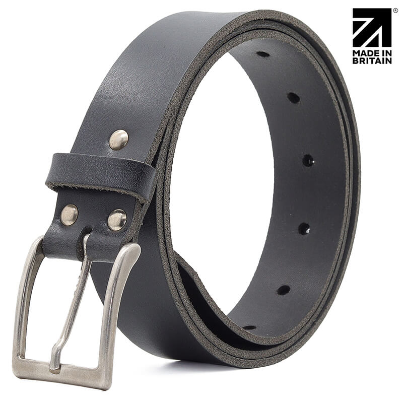 Black Silver Buckle Leather Belt 35mm width
