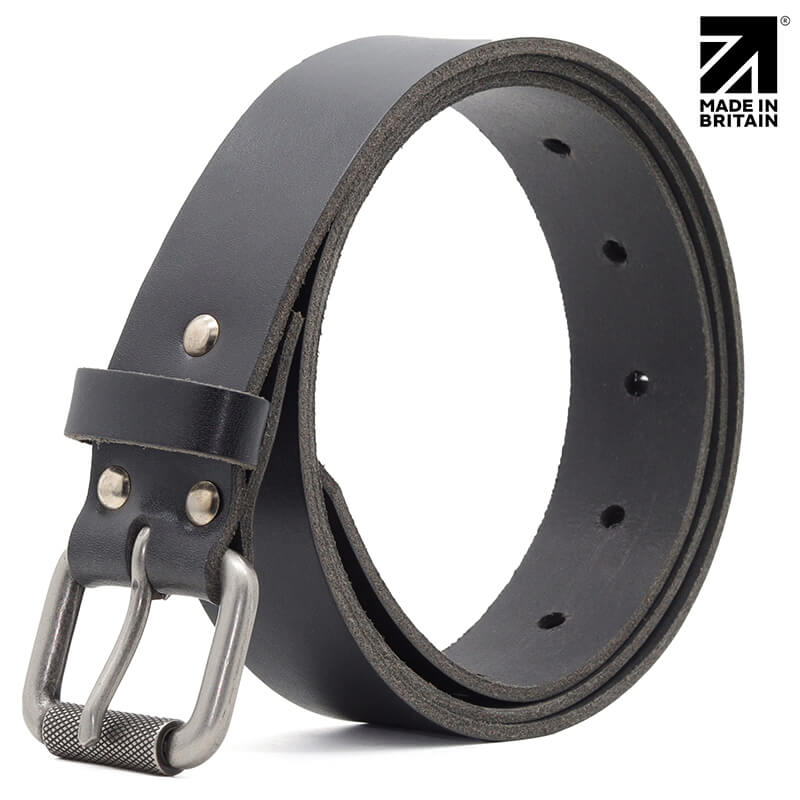 Silver Roller Buckle Leather Belt 35mm Crafted in Britain in black