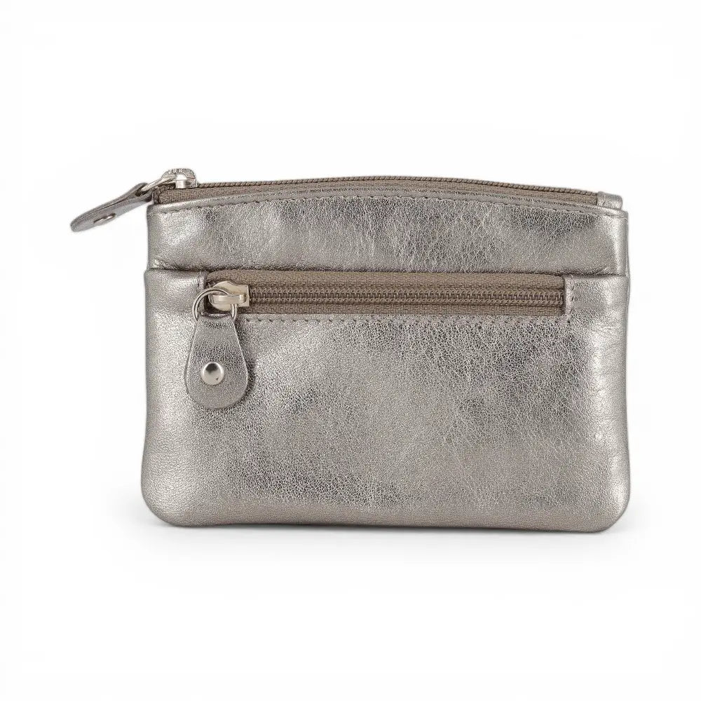 Silver wallet with a zipper on a white background