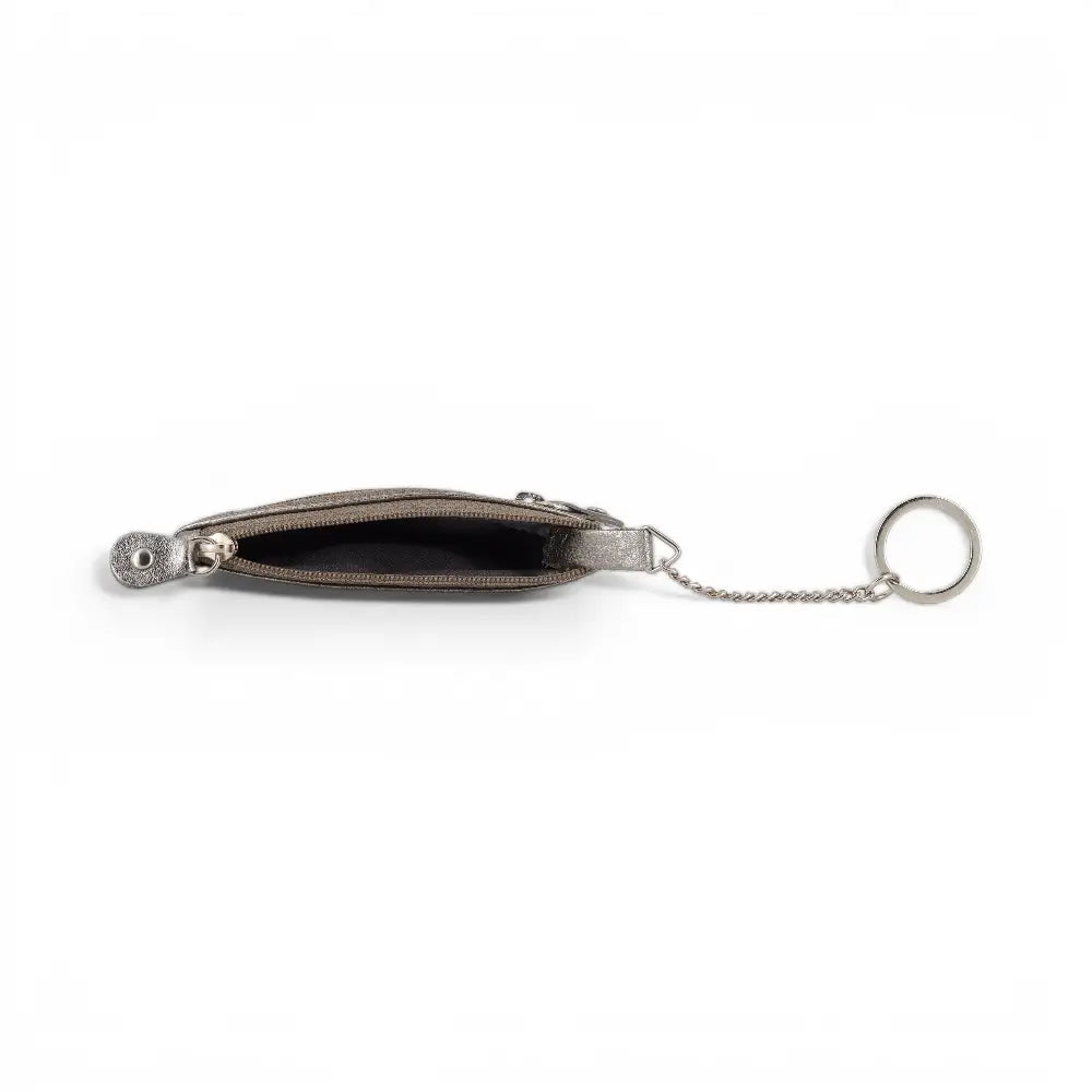Side view of a silver pouch on a white background