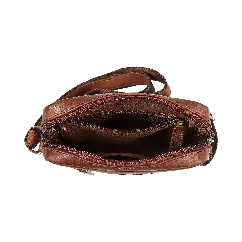 Brown leather crossbody bag on a white background